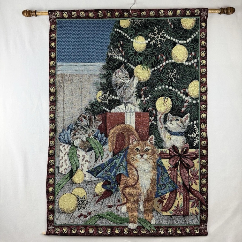 Vtg Christmas Cats Tapestry‎ Wall Hanging Holiday Kittens Tree Gifts 36x26